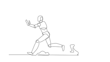 Poster - Self drawing animation of single line draw stressed robot being chased by stopwatch. Afraid in project measurement and deadline. Robotic technology development. Continuous line. Full length animated
