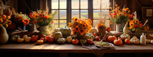 Celebration Harvest Abundance Pumpkin Flower Arrangements On The Table In A Cozy Country Room. Generative AI,