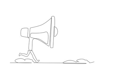 Poster - Animated self drawing of continuous line draw fright Arabian businesswoman being chased by megaphone. Active female manager in loud screaming for mass communication. Full length single line animation