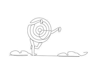 Poster - Animated self drawing of continuous line draw Arabian businesswoman being chased by archery bullseye target. Female manager losing idea in business goals or target. Full length one line animation