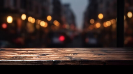 Empty dark wooden counter with an open window, in the style of bokeh panorama