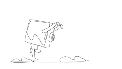 Poster - Animated self drawing of continuous line draw robot being chased by safe deposit box. Financial secure system, banking protection. Humanoid robot cybernetic organism. Full length single line animation