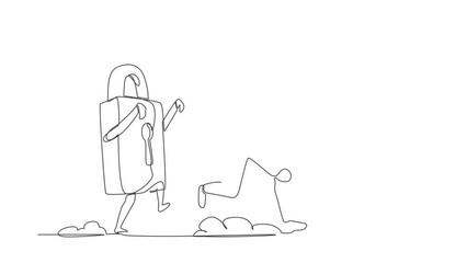 Poster - Self drawing animation of single line draw robot being chased by padlock. Afraid with office security or business protection. Future technology development. Continuous line draw. Full length animated