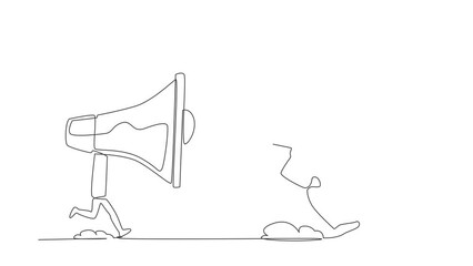 Poster - Animated self drawing of continuous one line draw robot being chased by megaphone. Robot in loud screaming for mass communication. Humanoid robot cybernetic organism. Full length single line animation