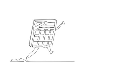 Poster - Animated self drawing of continuous line draw stress robot being chased by calculator. Difficult in calculations of business project. Robotic artificial intelligence. Full length one line animation