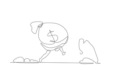 Poster - self drawing animation of single line draw stressed robot being chased by money bag. hurry in achiev