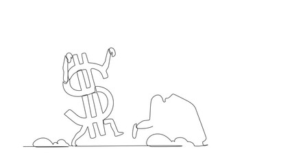 Poster - Animated self drawing of continuous one line draw robot being chased by dollar symbol. Afraid with economic or financial crisis. Humanoid robot cybernetic organism. Full length single line animation