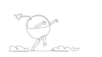 Poster - Self drawing animation of single line draw robot being chased by bomb. Afraid with ecosystem destruction. Technology development. Artificial intelligence. Continuous line draw. Full length animated