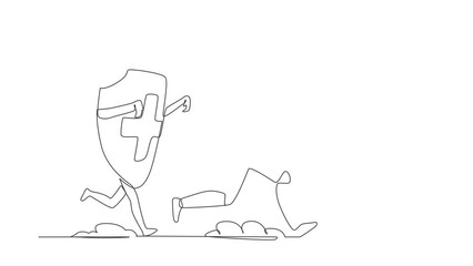 Poster - Animated self drawing of continuous one line draw robot being chased by shield. Afraid about budget increasing of healthcare. Humanoid robot cybernetic organism. Full length single line animation