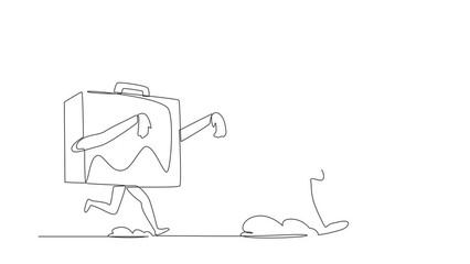 Poster - Animated self drawing of continuous one line draw robot being chased by briefcase. Afraid with evaluation of project performance. Humanoid robot cybernetic organism. Full length single line animation