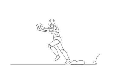 Poster - Animated self drawing of continuous line draw stressed robot being chased by smartphone. Afraid to talk with technology manager. Modern robotic artificial intelligence. Full length one line animation