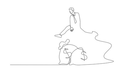 Poster - Self drawing animation of single line draw businessman jump over money bag. Business loan or venture capital funding to start company or money help to survive. Continuous line. Full length animated