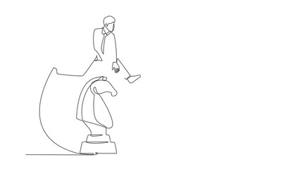 Poster - Animated self drawing of continuous line draw businessman jumping over chess knight. Tactic strategy move in political business. Agile thinking, intelligence sport. Full length one line animation