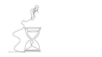 Poster - Animated self drawing of continuous one line draw businessman jump over hourglass. Time management meeting in office. Business deadline or working time efficiency. Full length single line animation