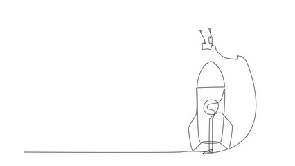 Poster - Animated self drawing of continuous line draw businessman jumping over big rocket. Successful startup launch preparation. Space rocket flies up. New business project. Full length one line animation
