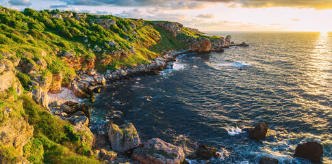 Wall Mural - Sunrise landscape at Yailata cliff, National Archaeological Reserve in Black Sea coast in Bulgaria