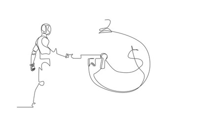 Poster - Animated self drawing of continuous line draw robot put big key into money bag. Financial key success, safe haven for investment. Humanoid robot cybernetic organism. Full length single line animation