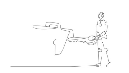 Poster - Self drawing animation of single line draw robot putting key into briefcase. Safety bag for secret document. Investment portfolio. Technology development. Continuous line draw. Full length animated