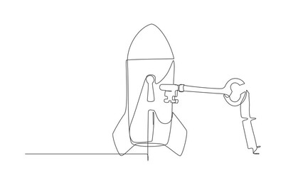 Poster - Animated self drawing of continuous line draw robot putting key into rocket. Launching tech business product. Restart business project. Robotic artificial intelligence. Full length one line animation