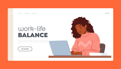 Poster - Work-Life Balance Landing Page Template. Focused Woman Character Typing On Laptop, Engrossed In Work Vector Illustration