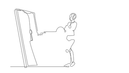 Poster - Animated self drawing of continuous line draw robot put key into smartphone. Data for protect user from hacker. Password security. Humanoid robot cybernetic organism. Full length single line animation