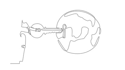 Poster - Animated self drawing of continuous line draw robot putting key into globe. Global warming alert for ecosystem around the world. Humanoid robot cybernetic organism. Full length single line animation