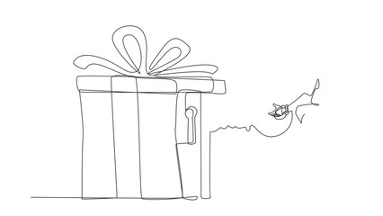 Poster - Animated self drawing of continuous line draw robot putting key into gift box with ribbon. Celebration for business achievement. Humanoid robot cybernetic organism. Full length single line animation