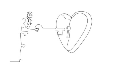 Poster - Animated self drawing of continuous line draw robot putting key into heart. Humanoid robot try to unlock heart icon. Metaphor love. Robotic artificial intelligence. Full length one line animation