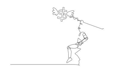 Poster - Animated self drawing of continuous line draw robot try to catching flying dollar sign symbol with net. Finance economic crisis. Humanoid robot cybernetic organism. Full length single line animation