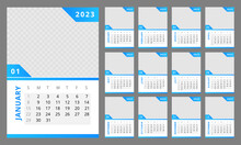 Technological In Industry Blue Gradient Wall Calendar Design Template For 2023 Year. 12 Months Pages Set. Week Starts On Sunday. Monthly Custom Poster Pack Ready For Print. Open Sans Font Used