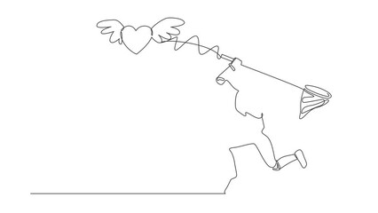 Poster - Self drawing animation of single line draw robot try to catching flying heart with net. Love relationship with technology. Technology. Artificial intelligence. Continuous line. Full length animated