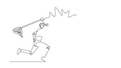 Poster - Animated self drawing of single continuous line draw robot try to catching flying mail with net. Not read incoming message from office. Robotic artificial intelligence. Full length one line animation