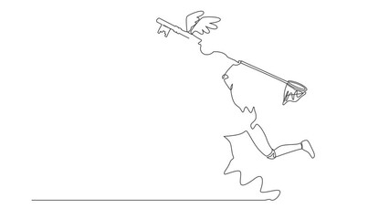 Poster - Animated self drawing of single continuous line draw robot try to catching flying key with net. Find key to solve technology problems. Robotic artificial intelligence. Full length one line animation