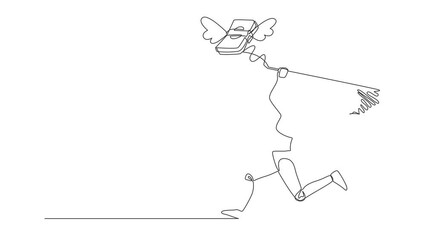 Poster - Animated self drawing of single continuous line draw robot try to catching flying money stacks with net. Budget spending, bill expenses. Electronic technology industry. Full length one line animation