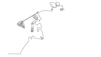 Poster - Self drawing animation of single line draw robot try to catching flying piggy bank with net. Losing money saving for tech investment. Technology development. Continuous line. Full length animated