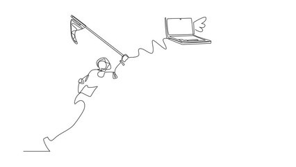 Poster - Animated self drawing of continuous line draw robot try to catching flying laptop with net. System data computing for working efficiency. Robot cybernetic organism. Full length single line animation