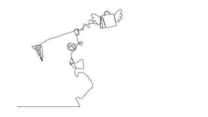 Poster - Self drawing animation of single one line draw robot try to catching flying shopping bag with net. Commercial retail fashion. Technology. Artificial intelligence. Continuous line. Full length animated