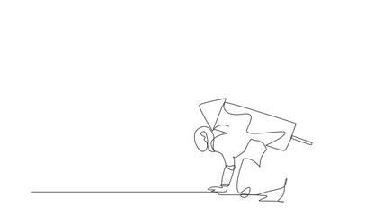 Poster - Animated self drawing of continuous line draw robot with rocket on back stand on start ready for business race. Humanoid robot cybernetic organism. Robot development. Full length single line animation