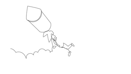 Poster - Animated self drawing of continuous line draw businessman fly on fireworks rockets while looking at business opportunities. Excited worker prepare for project launch. Full length one line animation
