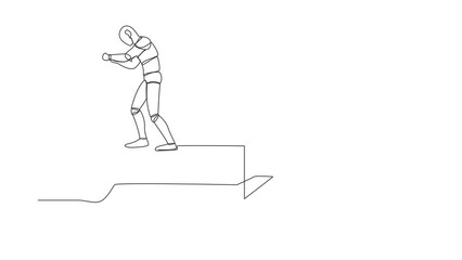 Poster - Self drawing animation of single one line draw robot standing on firework rocket ignite it to boost machine learning. Modern robotic artificial intelligence. Continuous line draw. Full length animated