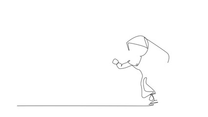 Poster - Animated self drawing of continuous line draw Arab businesswoman with rocket on back stand on start ready for business. Skill to boost fast business to win competition. Full length one line animation