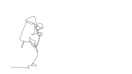 Poster - Self drawing animation of single line draw businessman ignite firework rocket attached to his back. Young entrepreneur prepare to start running new business. Continuous line draw. Full length animated