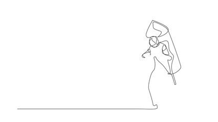 Poster - Animated self drawing of continuous line draw robot ignites big fireworks rocket attached to his back. Humanoid robot cybernetic organism. Future robotic development. Full length single line animation