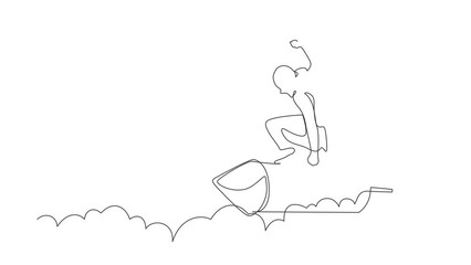 Poster - Animated self drawing of continuous line draw Arab businessman riding a rocket through the sky, concept for business success, motivation and innovation. Full length one line animation illustration