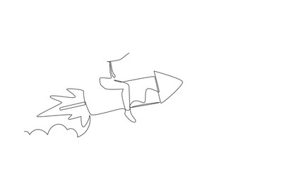 Poster - animated self drawing of continuous line draw businessman sitting astride rocket and flying through 