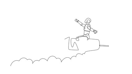 Aufkleber - Self drawing animation of single line draw robot flying high riding firework rocket. Technology development. Artificial intelligence machine learning processes. Continuous line. Full length animated