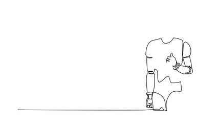 Aufkleber - Animated self drawing of continuous line draw robot standing with thumbs up gesture. Deal, like, agree, approve, accept. Humanoid cybernetic organism. Future robotic. Full length single line animation