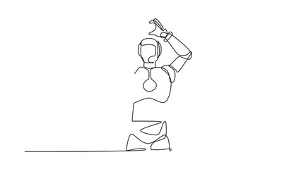Poster - Self drawing animation of single line draw robot standing with making love sign or symbol with fingers over head. Technology development. Artificial intelligence. Continuous line. Full length animated