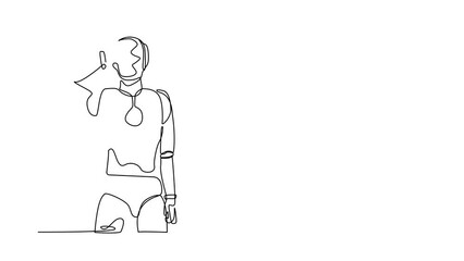 Poster - Animated self drawing of continuous line draw robot standing with making 'L' symbol, showing loser sign on forehead with fingers. Future humanoid robotic development. Full length single line animation