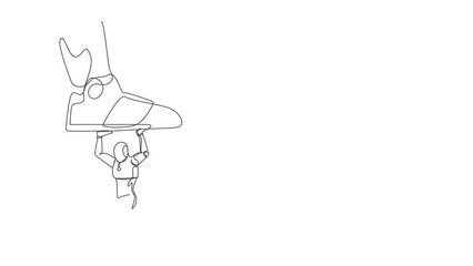Poster - Animated self drawing of continuous line draw robot under giant feet stomping. Violence of dictator toward tiny robot, big shoes crush machine. Humanoid cybernetic. Full length single line animation